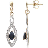0.55ct Pear Shape Black Sapphire and Pave Set Diamond Drop Earrings in 9ct Yellow Gold